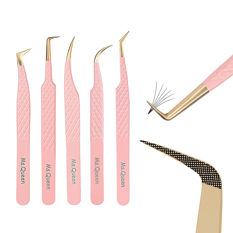 MsQueen Eyelash Extension Tweezers SetFiber Tip Volume Tweezers Curved 45 90 Degree Angled Tip Lash Tweezers for Mega Volume Mink Lashes